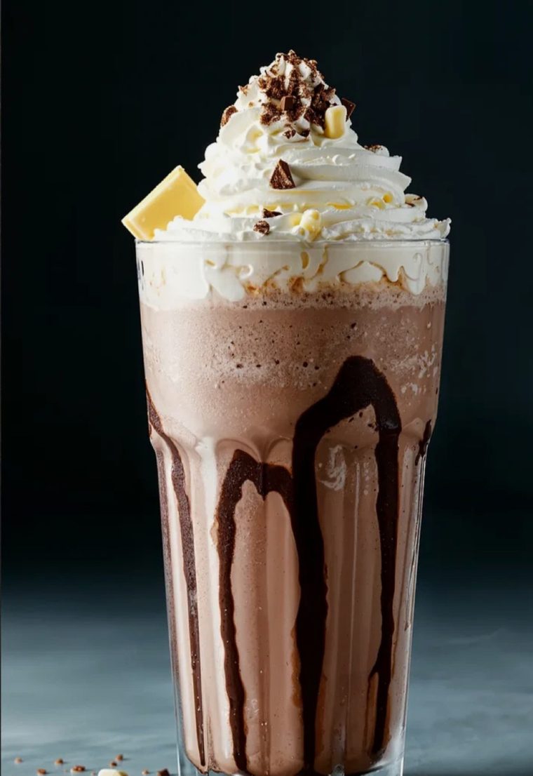 Iced chocolate with whipped cream and white chocolate